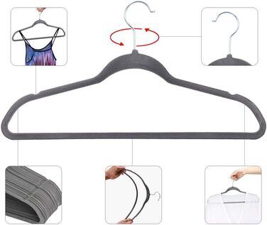 Yaheetech Velvet Clothes Hangers 100 Pack Suit Hangers Closet Hangers Non-Slip Surface Laundry Hangers with 360° Swivel Hook Grey
