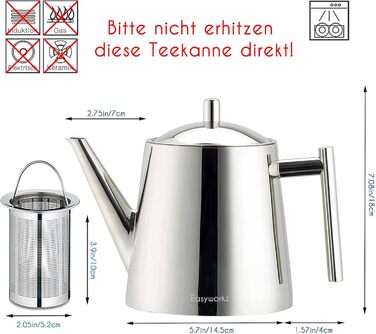Easyworkz Teapot with Infuser, Stainless Steel, Tea Maker for All Fruits, Herbs, and Infusion Tea (1000ml)