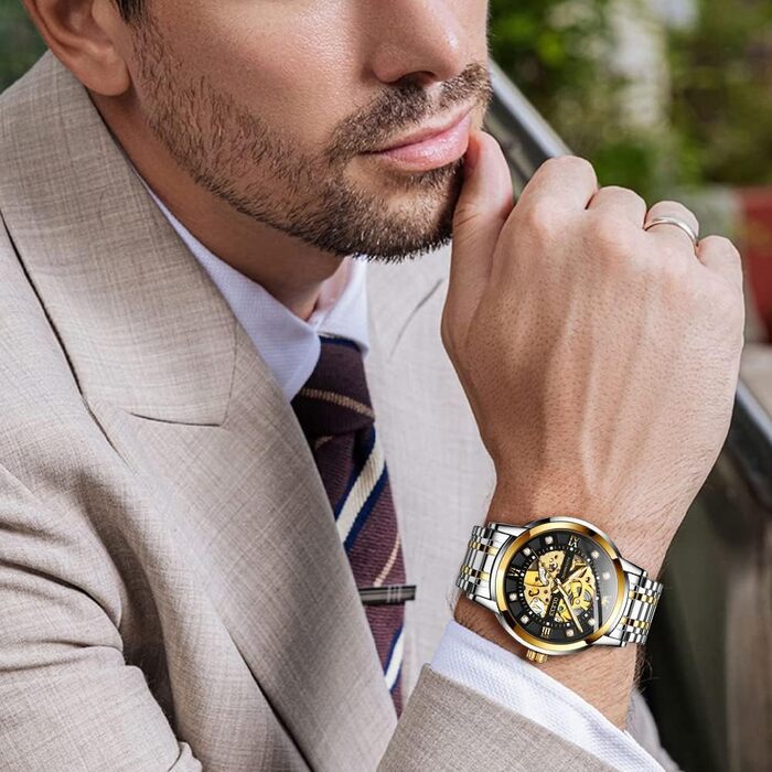 Чоловічий механічний годинник OLEVS Gold Skeleton з автопідзаводом, розкішний сталевий корпус з діамантами, водонепроникний, сріблясто-золотий з чорним циферблатом