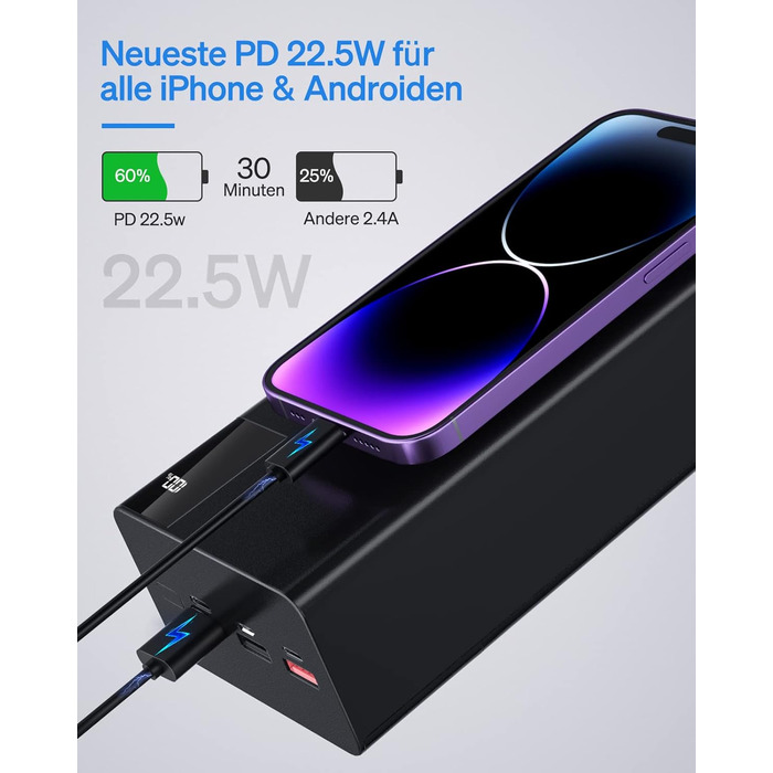 Power Bank 50000mAh: Портативний зарядний пристрій з великою ємністю 2×25000mAh, швидка зарядка 22,5W, ліхтарик, чорний