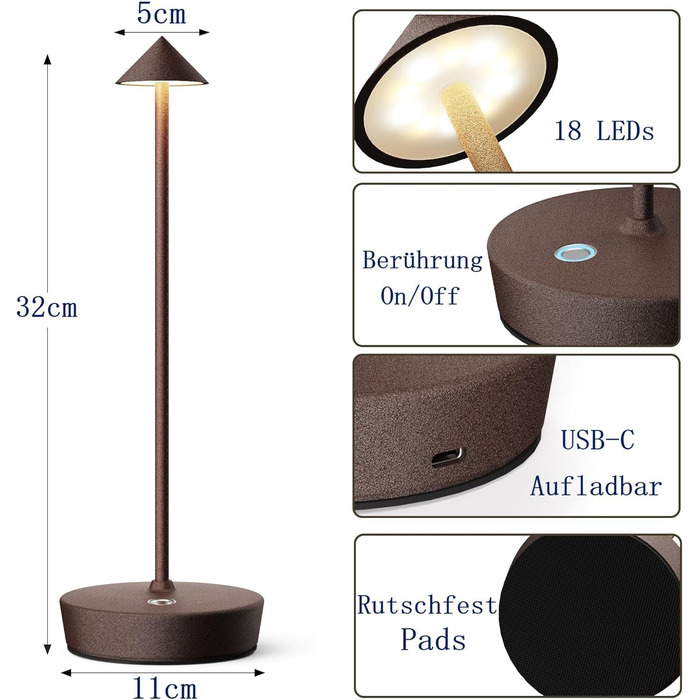 Бездротова LED-лампа для дому та вулиці IP54, 6000mAh, акумуляторна, для кемпінгу та офісу (іржава)