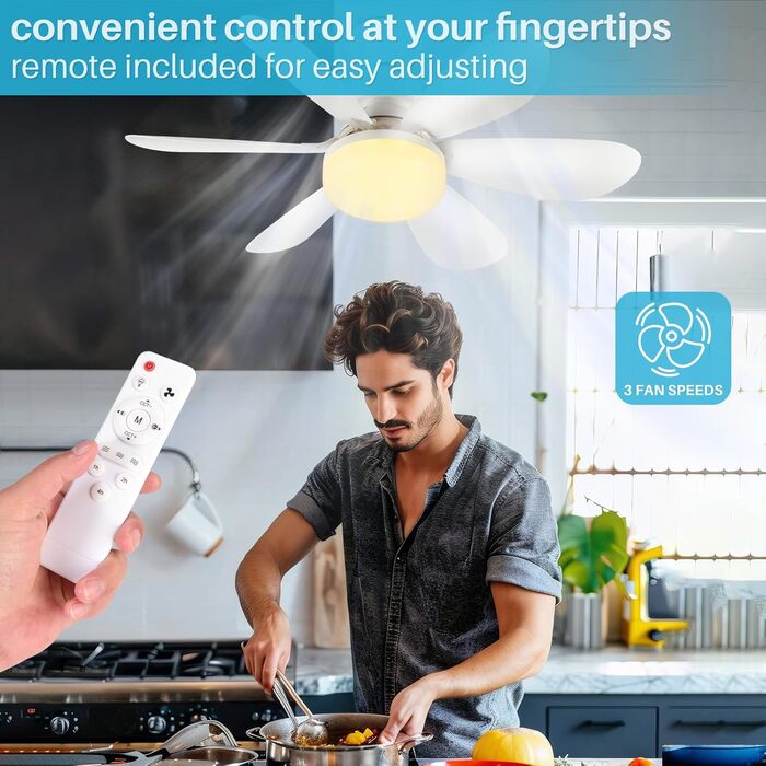 OKYUK Стеля-вентилятор з підсвічуванням, тихий, з пультом керування, регулювання кольору, E26/E27, 48 см, білий