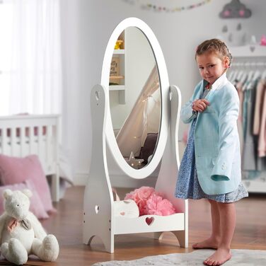 Standing Mirror for Children aged 3-7, Wooden Children's Mirror for Girls' Room, Mirror for Children's Room, Children's Mirror with Storage, Girls' Freestanding Standing Mirror White, Christmas Gifts
