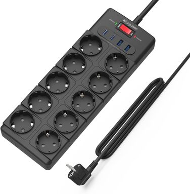 Многорозетка IECOPOWER з USB (PD 20W), захистом від перенапруги, 4000W/16A, 1050 Дж, 2 м, з вимикачем, чорна