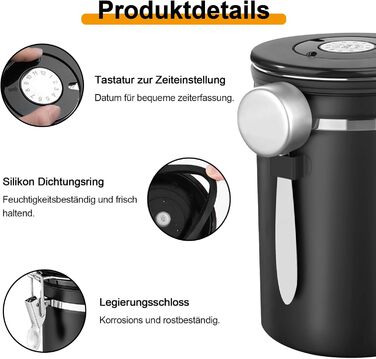 Герметична кавова банка з нержавіючої сталі, 1,8 л. З мірною ложкою та індикатором дати. Для кави, чаю, горіхів, какао. Зберігає свіжість надовго. Білий (Чорний) колір