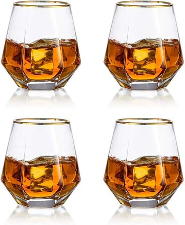 Diamond Whiskey Glasses 4-Piece Set, Tilted Scotch Glasses 300 Ml, Modern Look Whiskey Glasses for Men, Women, Dad, Husband, Friends, Glassware for Bourbon/Rum/Bar Tumbler, Clear + Gold Rim 4