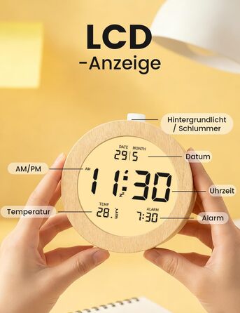 Цифровий будильник aboveClock з дерев'яним корпусом: LCD-дисплей з температурою та датою, функція Snooze, підсвічування, для спальні