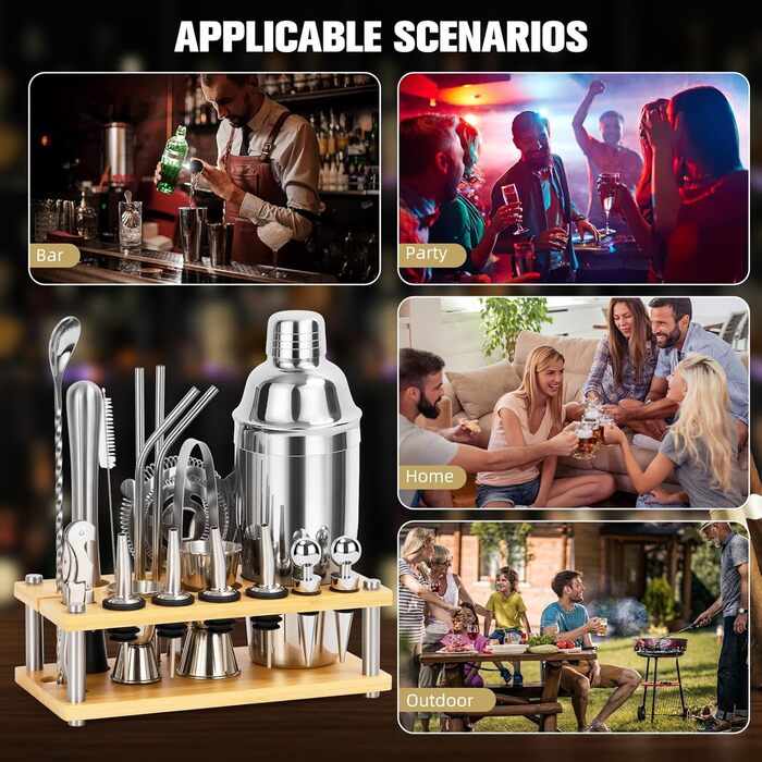 Набір шейкер для коктейлів зі стійкою, 750 мл, 20 предметів, нержавіюча сталь, професійний барменський набір, 4 силіконових підкладки, подарунок для чоловіків, жінок, друзів