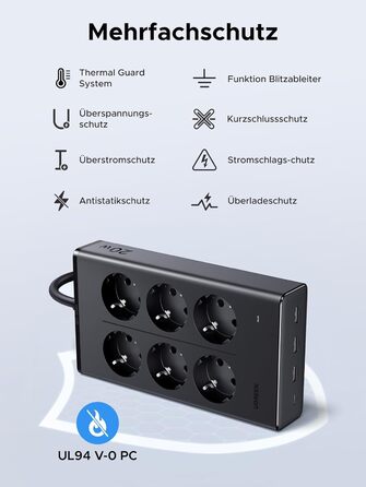 Мережевий фільтр UGREEN 10-в-1 з USB, подовжувач з 20W швидкою зарядкою USB-C, захист від перенапруги, 3680 Вт, кабель 1.5 м, для офісу та дому