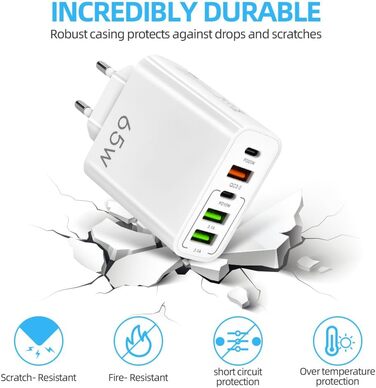 Мережевий адаптер AXFEE 65W 5-портовий з USB-C та USB-A, швидка зарядка PD 3.0 для iPhone 14 Pro Max 13, білий