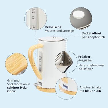 Набір чайник та тостер KHG | 2200W та 800W | 1.7л чайник, 2 тости | З фільтром від накипу та підсвічуванням крихт | Кухонний набір білий з імітацією дерева