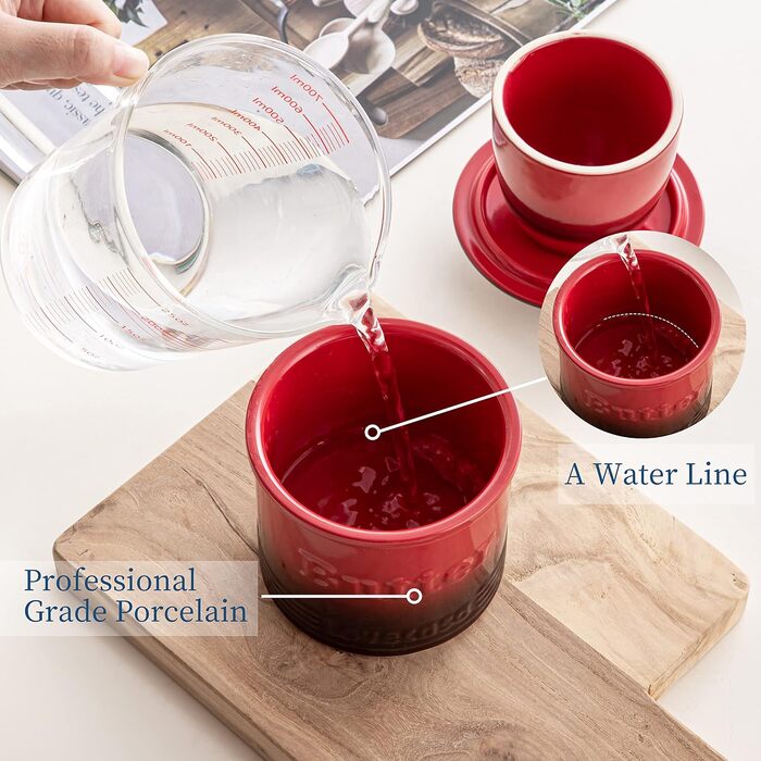 Porcelain Butter Dish for Countertop, LOVECASA Butter Holder with Water Line, French Butter Box with Lid, Ceramic Butter Container, no more hard butter, perfectly spreadable consistency (red)