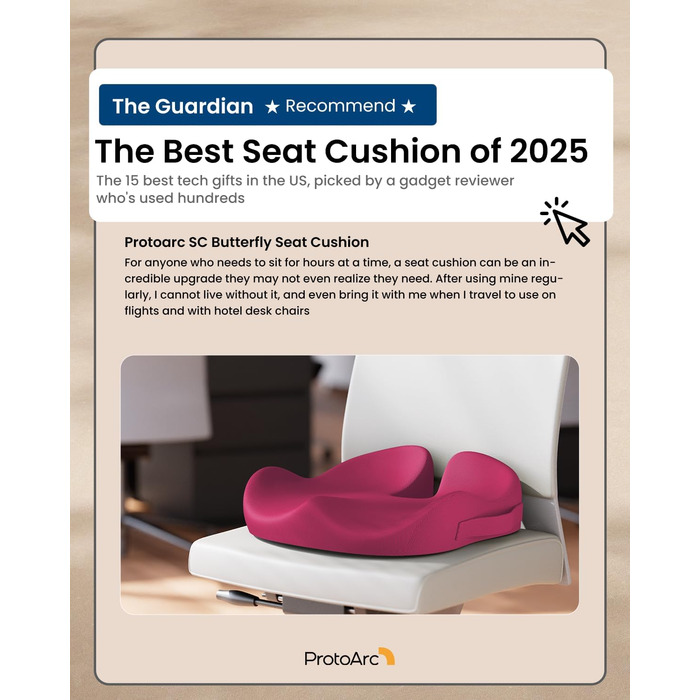 Ортопедична подушка для сидіння ProtoArc для офісного крісла: ергономічна, з піною Memory Foam, для рівномірного розподілу тиску, для комфорту протягом дня (Рожева, велика)