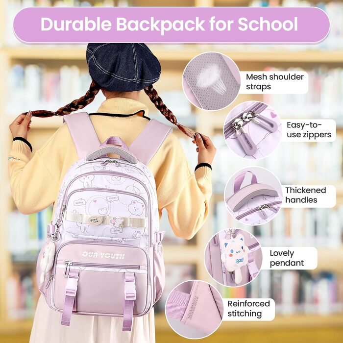 Дитячий рюкзак IvyH для дівчаток: водонепроникний, велика місткість, 2-6 клас, для школи, гімназії, університету, фіолетовий