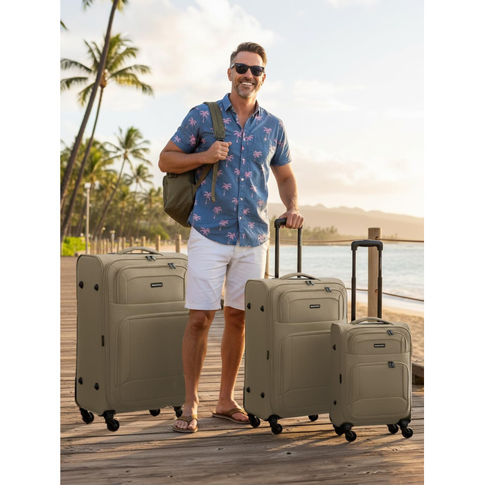 Набір валізак Smartbox (3 шт.) для жінок та чоловіків | Легкі та міцні валізи-ролери, якісний softcase, 4 колеса та кодовий замок | Розширювані | Бежевий колір