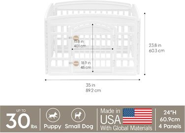 Клітка-манеж для собак Iris USA з дверцятами, 61 см, для цуценят та маленьких собак, безпечна, легка у збірці та зберіганні, регульована, з гумовими протиковзкими ніжками, білий колір, 4 панелі