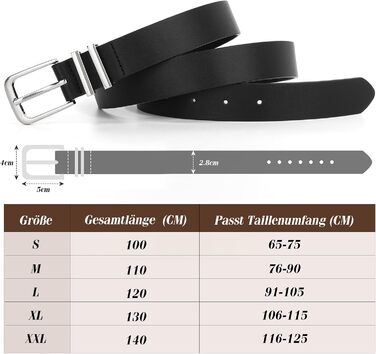 Ремінь шкіряний WHIPPY жіночий та чоловічий, срібна пряжка, для джинсів та штанів, чорний (M: 76-90 см, довжина 110 см)