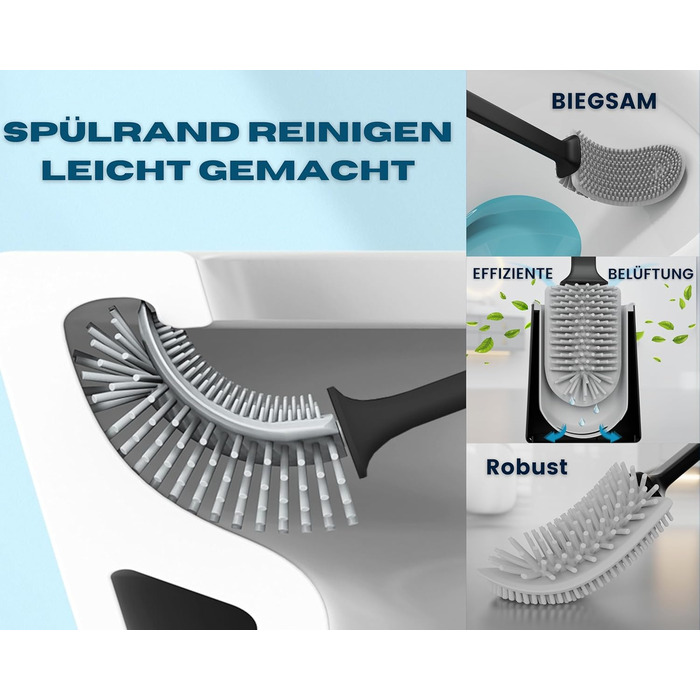 Силіконова щітка для унітазу R&B German Label – плоска, з кріпленням на стіну без свердління, з довгим руків'ям та швидковисихаючим контейнером – для миття унітазу та бордюру – білий/чорний (чорний/сірий)