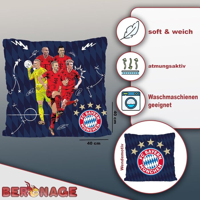 Двостороння подушка FC Bayern München 40x40 см з гравцями (Neuer, Kane, Müller, Tel) – декоративна подушка для дивана й ліжка, футбольний сувенір, ідеальна для фанатів, сумісна з постільною білизною ФКБ