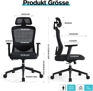 Ергономічне крісло для офісу з регульованою поперековою підтримкою, 2D підголівником та підлокітниками, поворотне, до 150 кг, чорний колір, нейлон