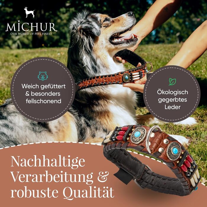 Ошийник для собак MICHUR Carlota, шкіряний, коричневий, з бірюзовими каменями, різні розміри (24-28,5 см)