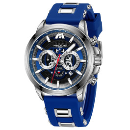 MEGALITH Годинник чоловічий Хронограф: Водонепроникні годинники з датою та світловим покриттям. Великі кварцові годинники для спортивних чоловіків, синій колір. Подарунок для чоловіків.