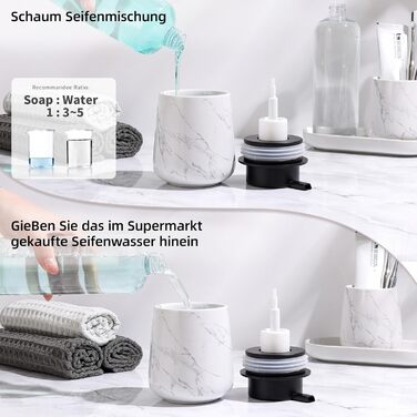 Набір аксесуарів для ванної кімнати Badezimmer Set Umlaca: мильниця, дозатор мила 350 мл, стакан для зубної пасти 320 мл, мильниця. Підходить для ванної кімнати та умивальника. Білий мармуровий дозатор мила.
