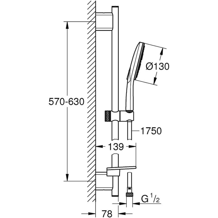 GROHE Vitalio SmartActive 130 Cube | Handshower 3 Spray Patterns | Chrome | 26595000 (Brstg.Set 900mm, round, Chrome)