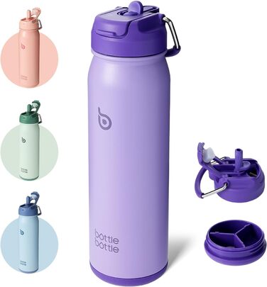 BOTTLE BOTTLE Stainless Steel Water Bottle 24oz (709ml) with Straw Handle and Pill Compartment for Outdoor School, Insulated Sports Bottle (Violet)