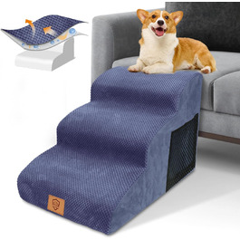 Dog stairs for small dogs, 4 steps pet stairs made of foam with a waterproof cover, detachable dog ramp cat stairs for sofa bed, send 1 fuzz roller (3 steps blue dog stairs)