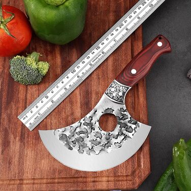 Японський ніж Doklasu для обробки м'яса, ручної роботи, Full Tang, сталь 5Cr15MoV, з червоним дерев'яним руків'ям та піхвою (10 см, стиль Ulu)