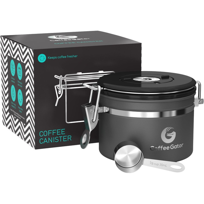 Контейнер для кави Coffee Gator з нержавіючої сталі - зберігає каву свіжою довше. З датою розкриття, CO2-вентилем та мірною ложкою. Маленький, сірий.
