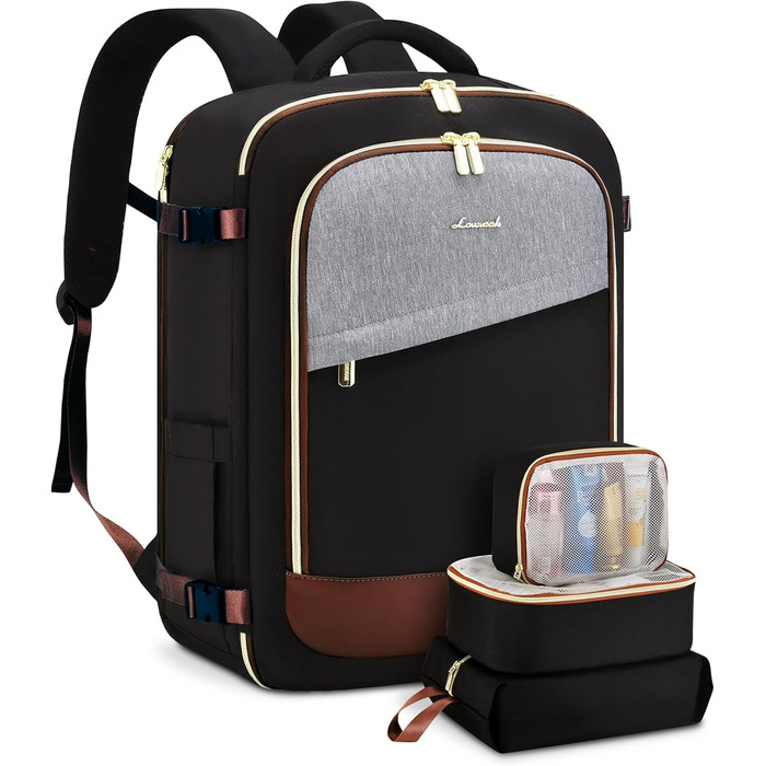 LOVEVOOK Рюкзак для ручної поклажі, 40L, водонепроникний, для подорожей, з відділенням для взуття, для ноутбука (17.3 дюймів), чорний+сірий+коричневий