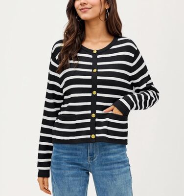 Жіноча коротка в'язана куртка з двома кишенями на ґудзиках, смугастий пуловер, стильна осіння кардиган, круглий виріз, модна в'язана кофта XL чорного кольору