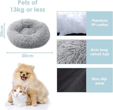 Кругле ліжко для котів та маленьких собак 50x50 см, плюшеве, м'яке, знямне, для дому, кольору імбиру (світло-сірий)