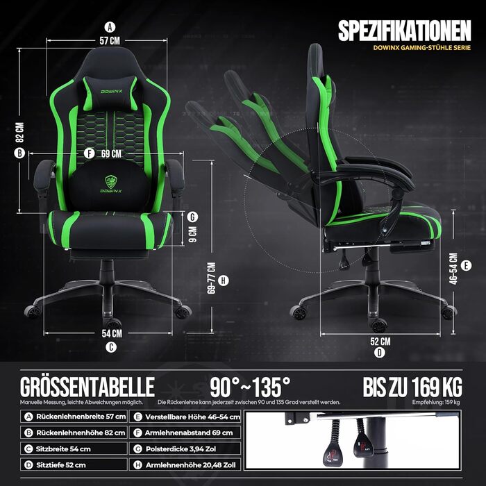 Ігровий крісло Dowinx з підігрівом, масажем, подушкою для попереку, підставкою для ніг та кишеньковою подушкою. Зелений крісло для геймерів, PC крісло для дорослих