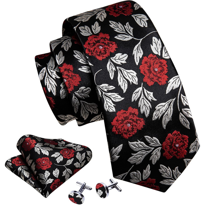 Набір краваток Barry.Wang для чоловіків: краватка, кишеньковий хустинка, запонки. Ідеально для весілля та свят, чорно-червоний колір, універсальний розмір