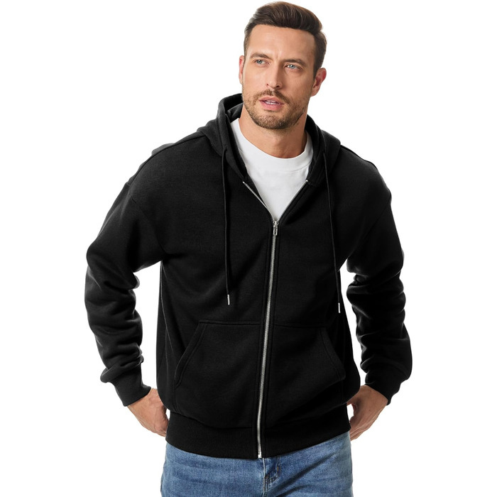 Світшот JMIERR чоловічий з капюшоном, чорний, XL. Теплий, з кишенями, на блискавці, з довгими рукавами. Матеріал: бавовна.