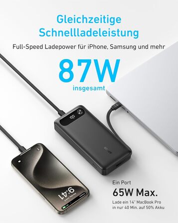Powerbank Anker 20000mAh з USB-C кабелем, 87W, 1 USB-C + 1 USB-A, для MacBook, iPhone, Samsung, Switch та інших пристроїв