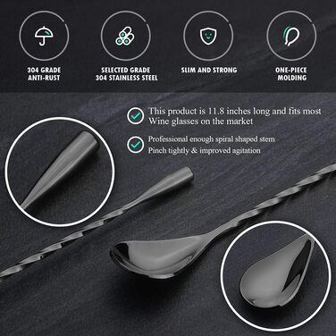 Якісний барний мішальний ложка YFWOOD з нержавіючої сталі з довгим руків'ям, для барменів, чорний