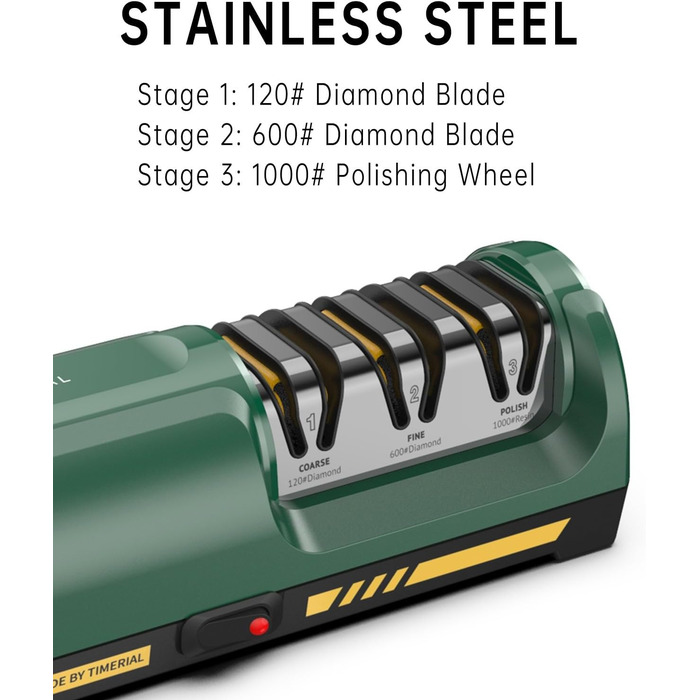 Електричний точило для ножів 3 ступені алмазних шліфрісків, 15° прецизійна кутова направляюча, для заточування та полірування сталевих та керамічних кухонних ножів, 120/600/1000 гріт