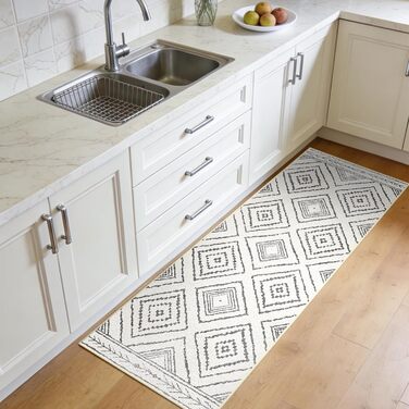 Килимок-довгий килим для коридору 60 x 180 см, неслизький для кухні, з коротким ворсом, пральний, складаний, у стилі бохо – для коридору, кухні, вітальні та офісу, чорно-білий 60 x 180 см