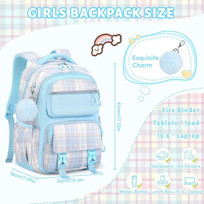 Шкільний рюкзак Tanou для дівчаток, великий, ергономічний, модний каро - ідеальний для підлітків та подорожей (блакитний)