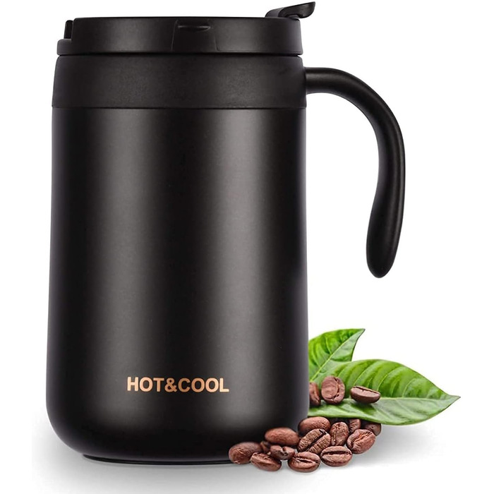 Термокружка з нержавіючої сталі 500 мл з кришкою та ручкою, подвійні стінки, вакуумна ізоляція, для подорожей та кемпінгу (Чорний)