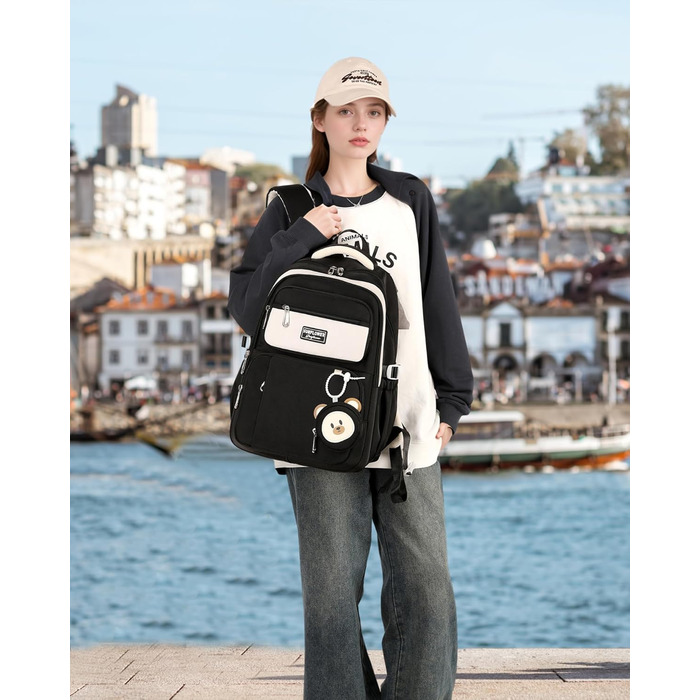 Шкільний рюкзак для дівчинки Makukke, водонепроникний, 30L, для 5 класу, з милим брелоком, зелений (чорний)