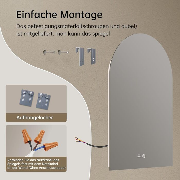 Дзеркало для ванної кімнати з підсвічуванням, арочне, без рами, 75x50 см. Touch-вимикач, регулювання яскравості, 3 кольори світла, антизапар