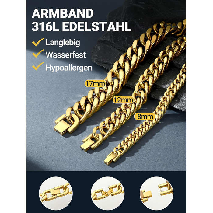 Чоловічий браслет PROSTEEL з нержавіючої сталі з 18K позолотою, чорний танкерний браслет, важкий ланцюговий браслет для чоловіків та підлітків, браслет-ланцюг Hip Hop Rapper, модні прикраси 8 мм/12 мм/16,5 мм/17 мм (8 мм золото, 23 см)