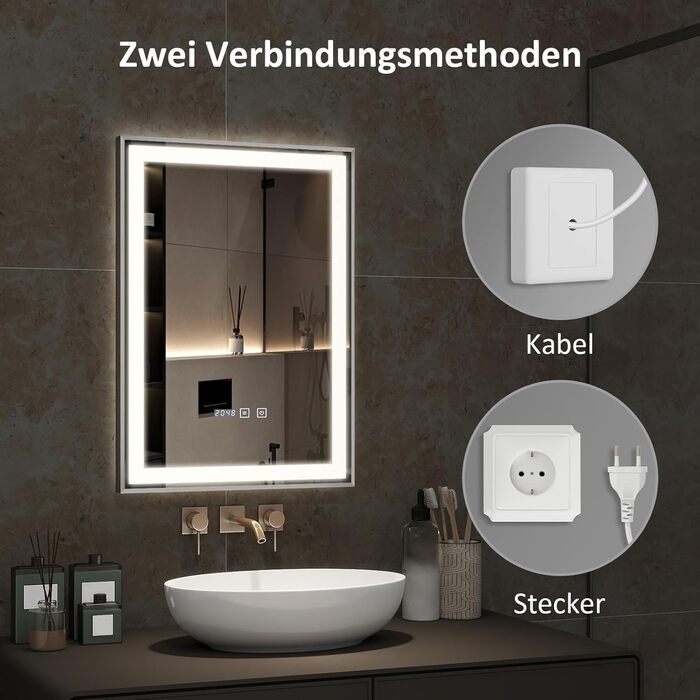 Дзеркало YOURLITE з підсвічуванням 70x50 см, LED дзеркало для ванної кімнати з годинником, сенсорне керування, 3 кольори світла, регулювання яскравості, антизапарник, пам'ять, срібний
