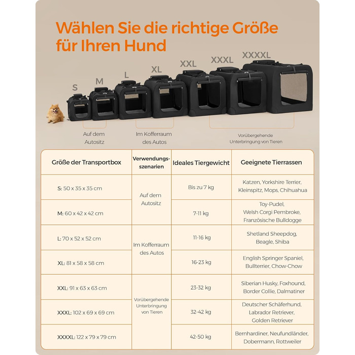 Клітка для собак Feandrea, переноска для собак, чорна, 60 x 42 x 42 см, з ручками та кишенями