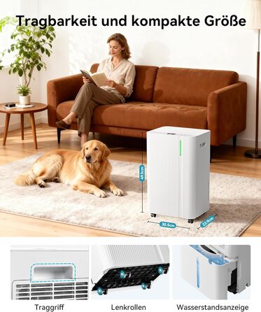 EUHOMY 20L Електричний Відбійник Повітря для Квартири/Будинку, для Підвалу 150м³/50м², Тихий та Економний, з Автоматичним Відтаненням, Шлангом, Фільтром, Таймером, 20л/день